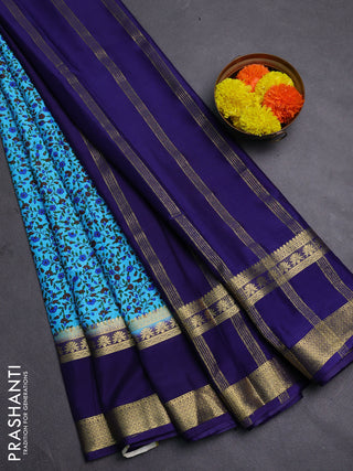 Light Blue & Navy Blue Semi Mysore Silk Saree - Prints