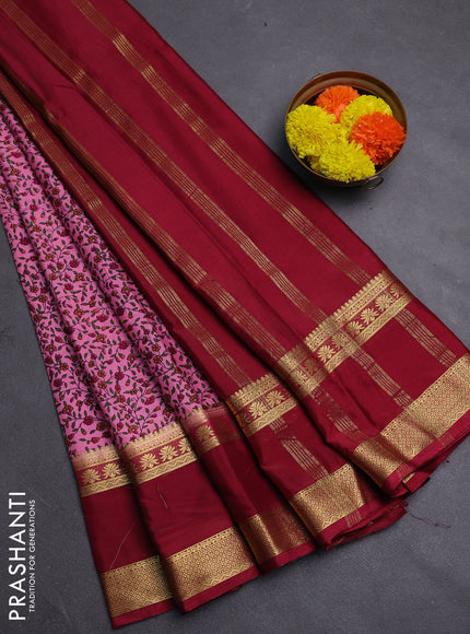 Light Pink & Maroon Semi Mysore Silk Saree - Prints