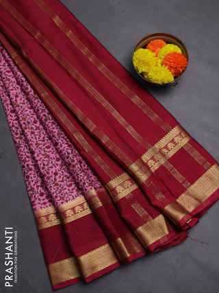 Light Pink & Maroon Semi Mysore Silk Saree - Prints