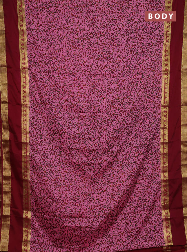 Light Pink & Maroon Semi Mysore Silk Saree - Prints