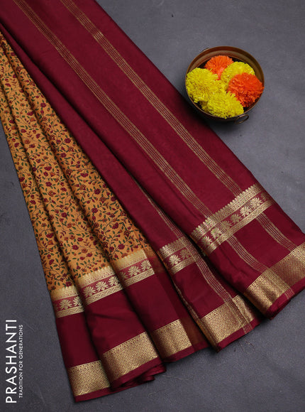 Sandal & Maroon Semi Mysore Silk Saree - Prints
