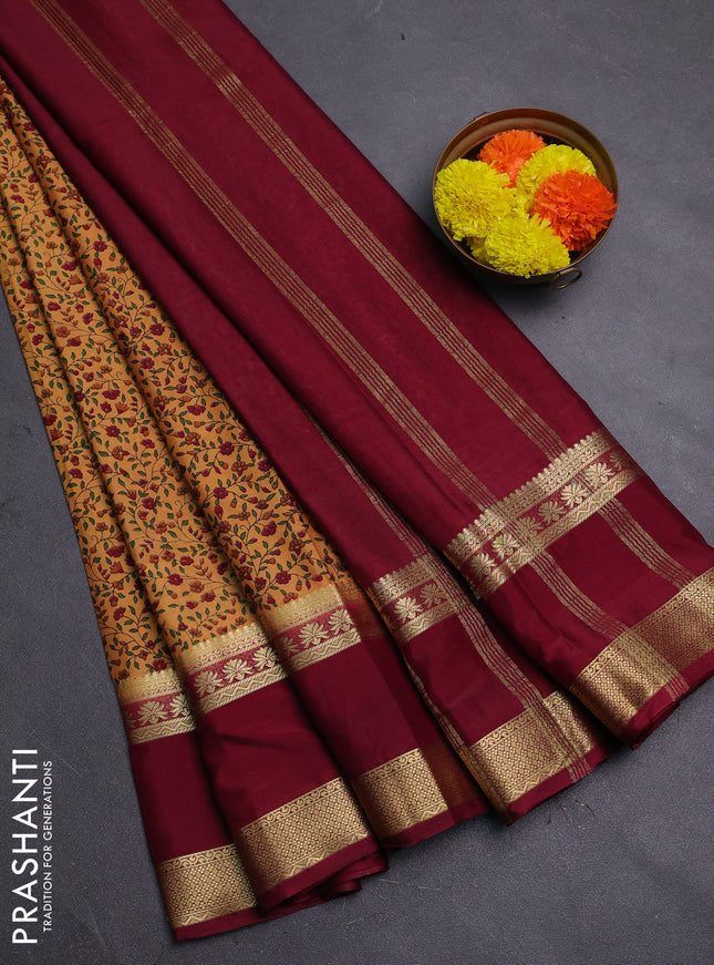 Sandal & Maroon Semi Mysore Silk Saree - Prints