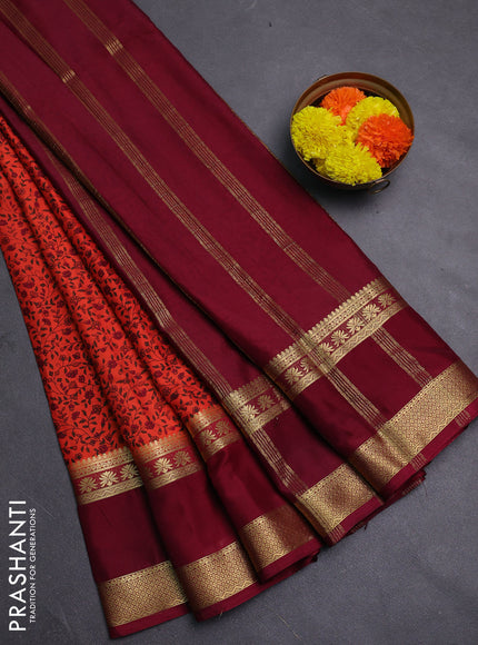 Orange & Maroon Semi Mysore Silk Saree - Prints