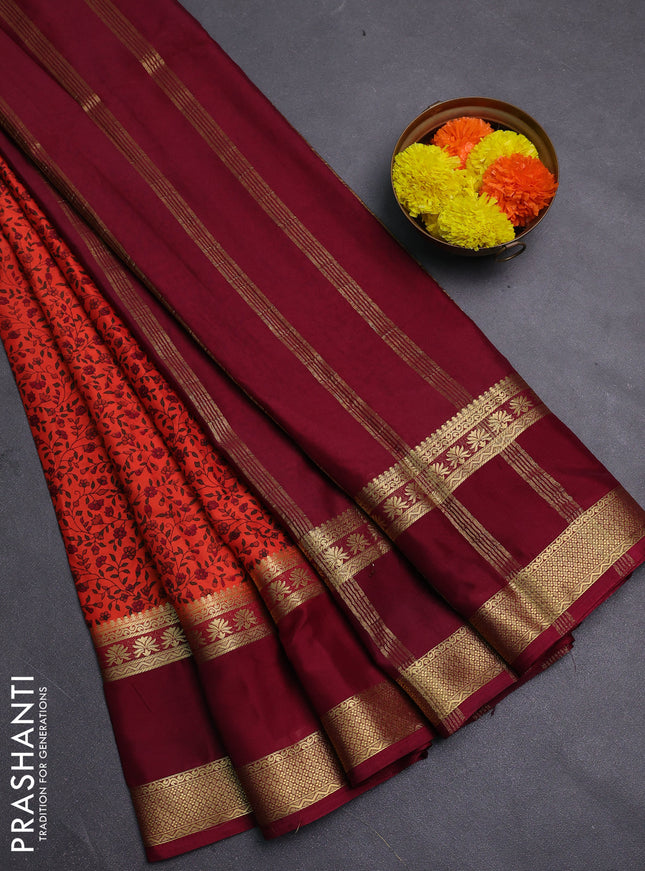 Orange & Maroon Semi Mysore Silk Saree - Prints