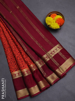 Orange & Maroon Semi Mysore Silk Saree - Prints
