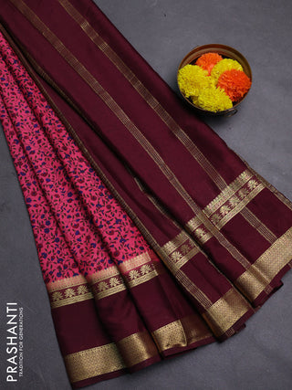 Pink & Maroon Semi Mysore Silk Saree - Prints