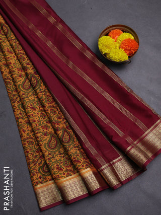 Mustard & Maroon Semi Mysore Silk Saree - Prints
