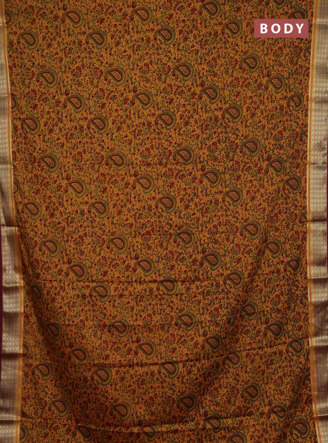 Mustard & Maroon Semi Mysore Silk Saree - Prints