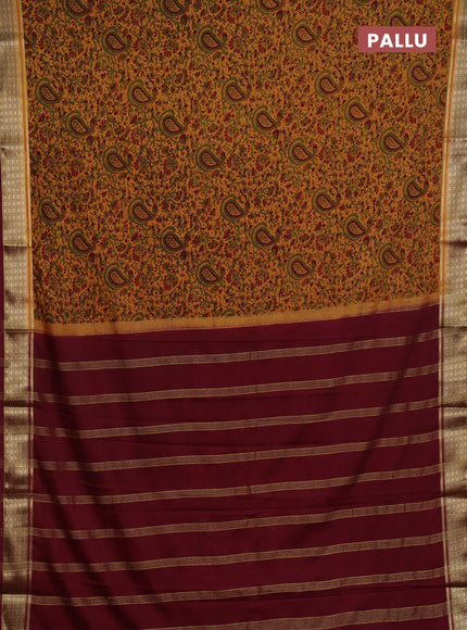 Mustard & Maroon Semi Mysore Silk Saree - Prints