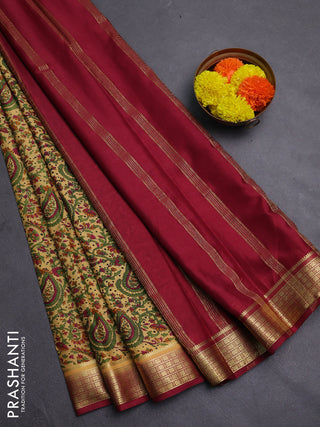 Sandal & Maroon Semi Mysore Silk Saree - Prints