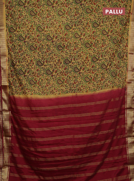 Sandal & Maroon Semi Mysore Silk Saree - Prints