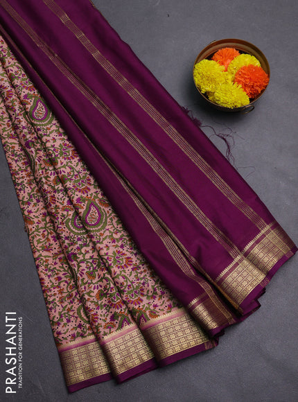 Peach & Purple Semi Mysore Silk Saree - Prints