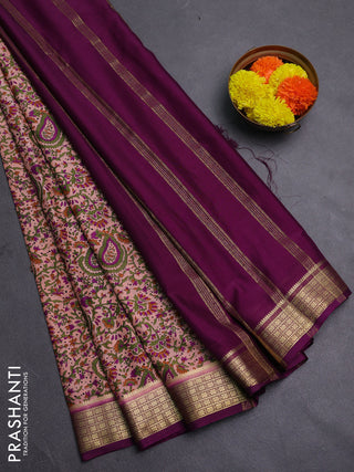 Peach & Purple Semi Mysore Silk Saree - Prints
