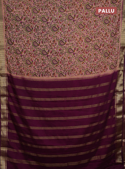 Peach & Purple Semi Mysore Silk Saree - Prints