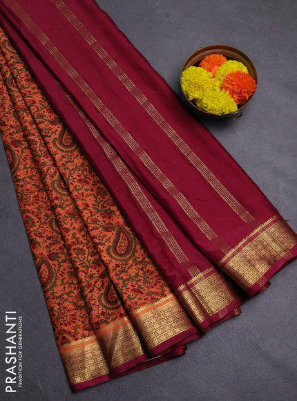 Peach & Maroon Semi Mysore Silk Saree - Prints