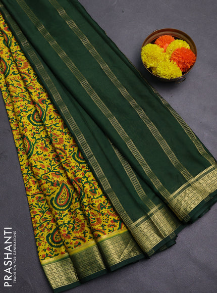 Lime Yellow & Green Semi Mysore Silk Saree - Prints