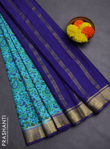 Teal & Blue Semi Mysore Silk Saree - Prints
