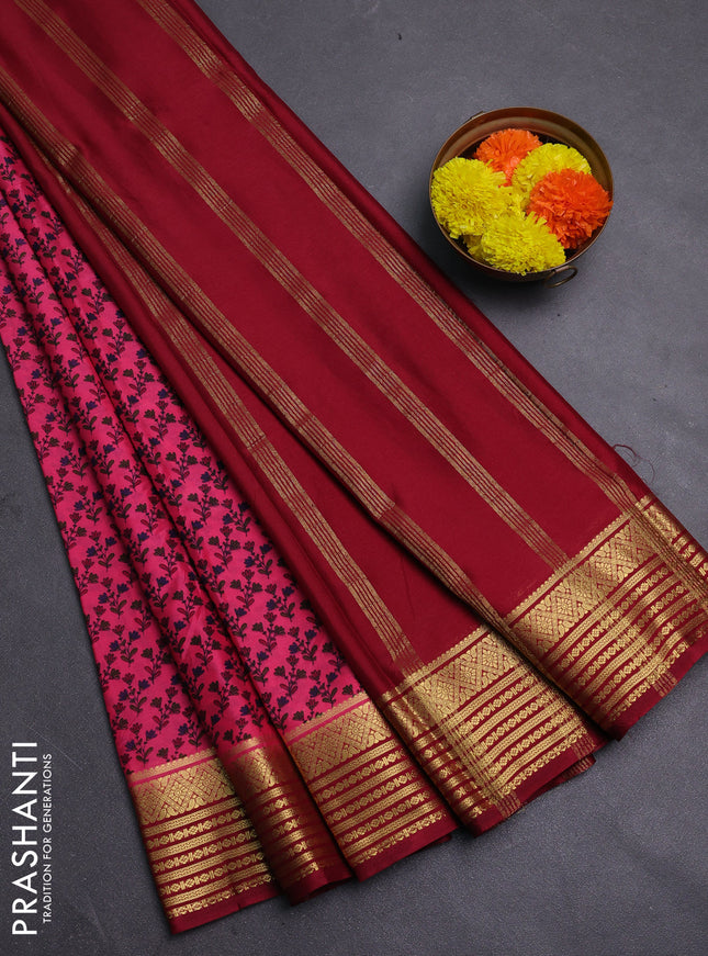 Pink & Maroon Semi Mysore Silk Saree - Prints