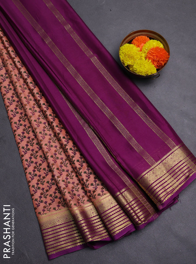 Peach & Purple Semi Mysore Silk Saree - Prints