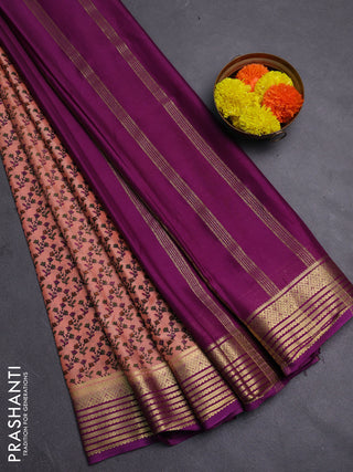 Peach & Purple Semi Mysore Silk Saree - Prints
