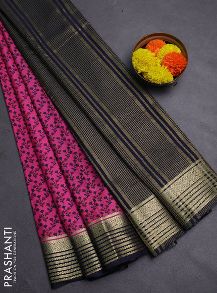 Pink & Navy Blue Semi Mysore Silk Saree - Prints