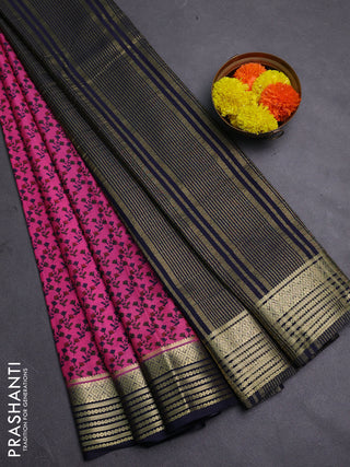 Pink & Navy Blue Semi Mysore Silk Saree - Prints