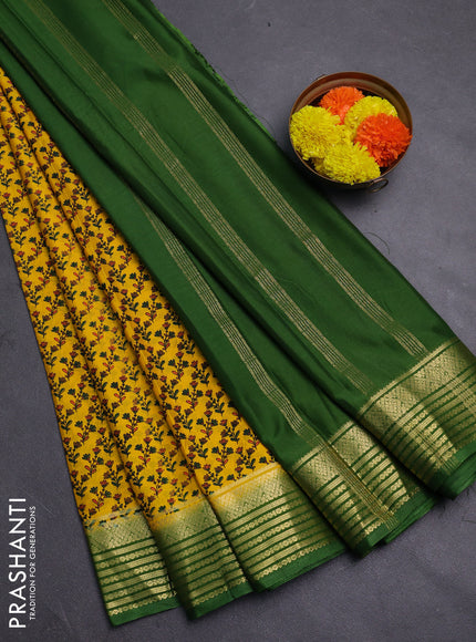Yellow & Green Semi Mysore Silk Saree - Prints