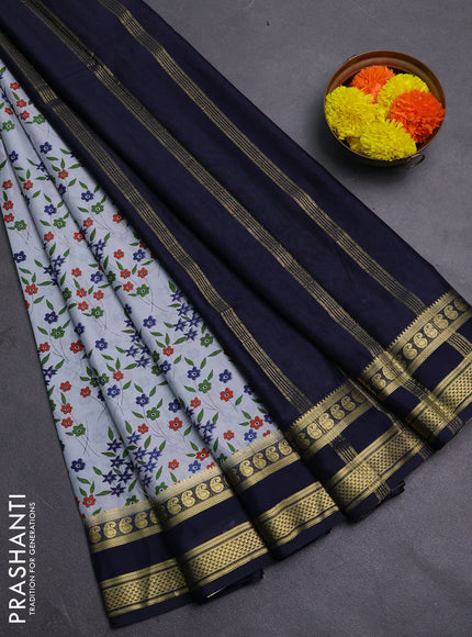 Grey & Navy Blue Semi Mysore Silk Saree - Prints