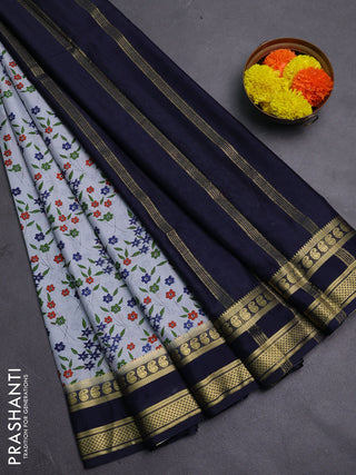 Grey & Navy Blue Semi Mysore Silk Saree - Prints