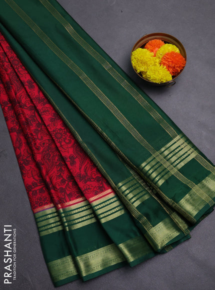 Red & Green Semi Mysore Silk Saree - Prints