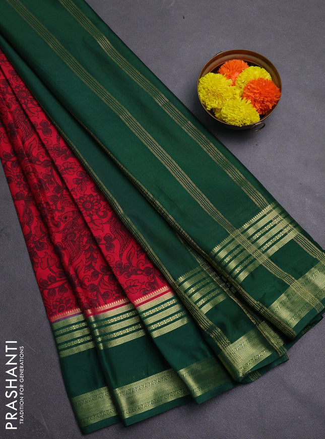 Red & Green Semi Mysore Silk Saree - Prints