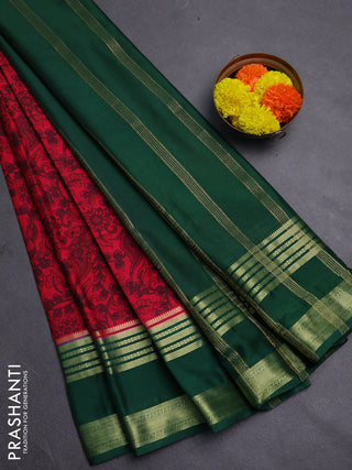 Red & Green Semi Mysore Silk Saree - Prints