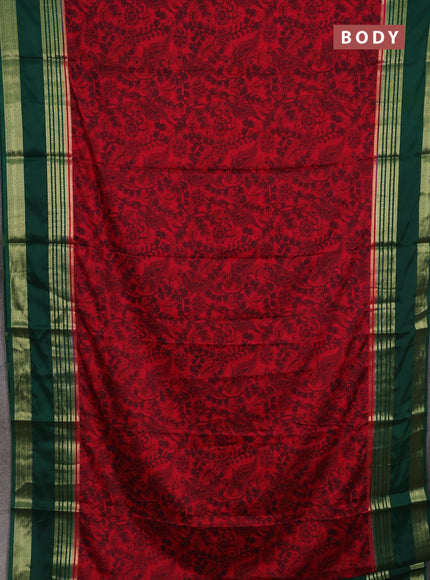 Red & Green Semi Mysore Silk Saree - Prints