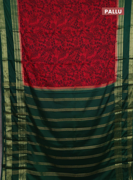 Red & Green Semi Mysore Silk Saree - Prints