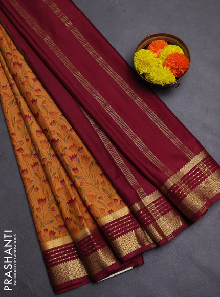 Mustard Yellow & Maroon Semi Mysore Silk Saree - Prints