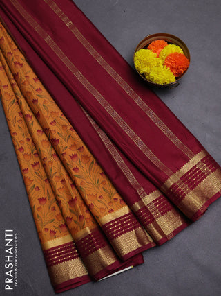 Mustard Yellow & Maroon Semi Mysore Silk Saree - Prints