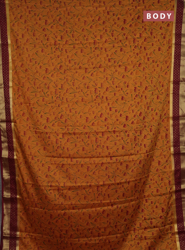 Mustard Yellow & Maroon Semi Mysore Silk Saree - Prints