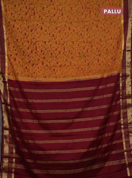 Mustard Yellow & Maroon Semi Mysore Silk Saree - Prints
