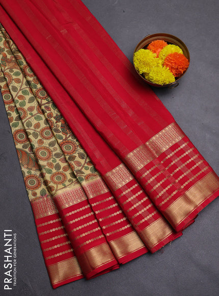 Pale Yellow & Red Semi Mysore Silk Saree - Prints