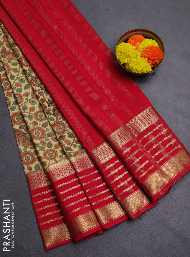 Pale Yellow & Red Semi Mysore Silk Saree - Prints