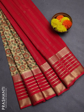 Pale Yellow & Red Semi Mysore Silk Saree - Prints