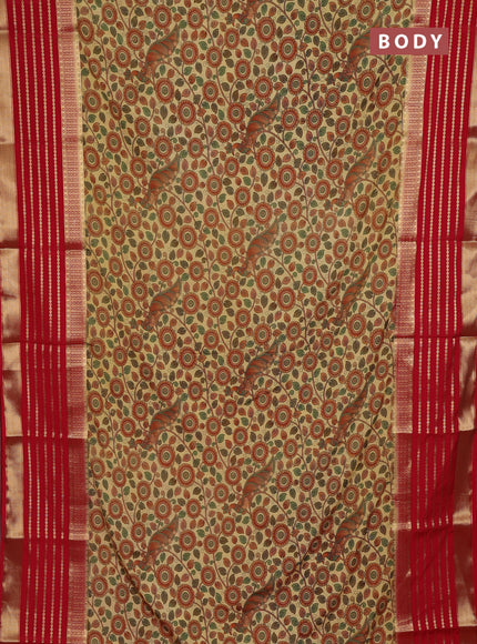 Pale Yellow & Red Semi Mysore Silk Saree - Prints