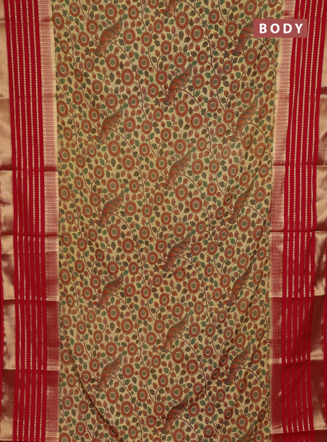 Pale Yellow & Red Semi Mysore Silk Saree - Prints