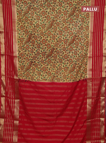 Pale Yellow & Red Semi Mysore Silk Saree - Prints