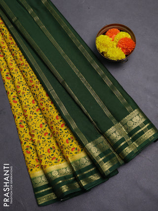 Yellow & Green Semi Mysore Silk Saree - Prints