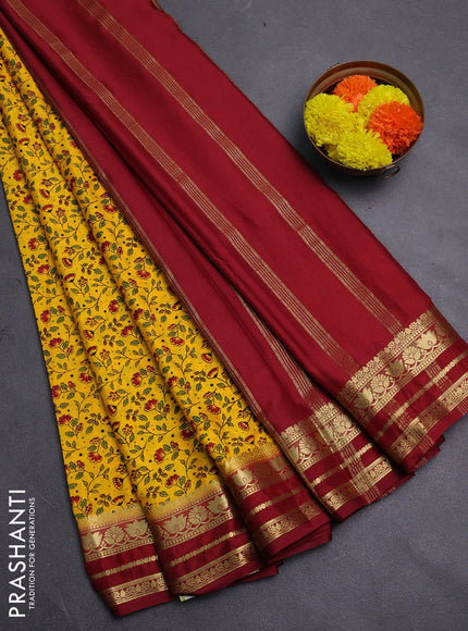 Yellow & Maroon Semi Mysore Silk Saree - Prints
