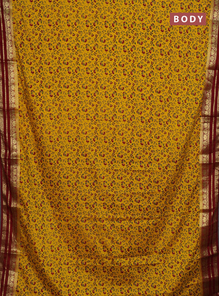 Yellow & Maroon Semi Mysore Silk Saree - Prints