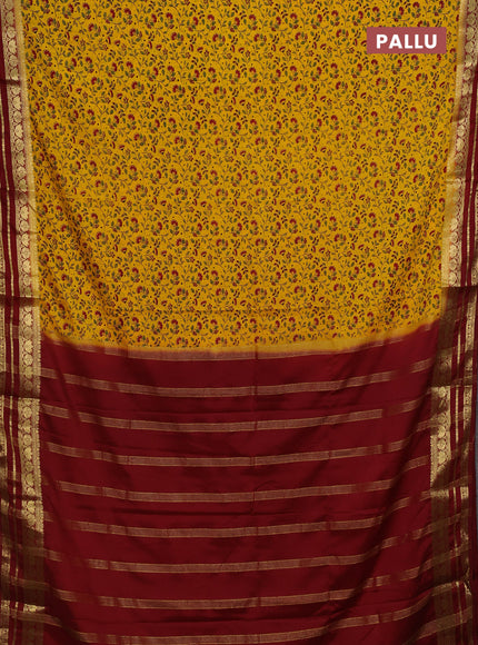 Yellow & Maroon Semi Mysore Silk Saree - Prints