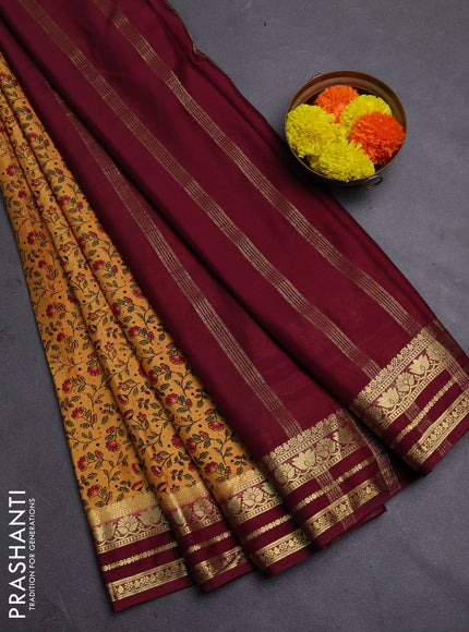 Mustard Yellow & Maroon Semi Mysore Silk Saree - Prints