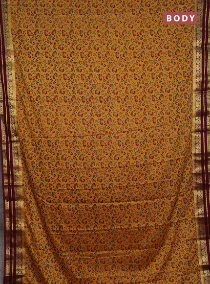 Mustard Yellow & Maroon Semi Mysore Silk Saree - Prints